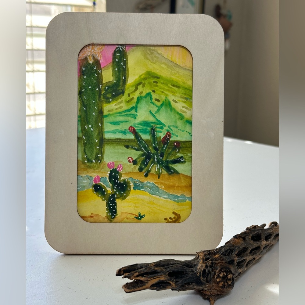 One of a kind Framed Cactus Watercolor Art Print - Green and Pink Desert Scene